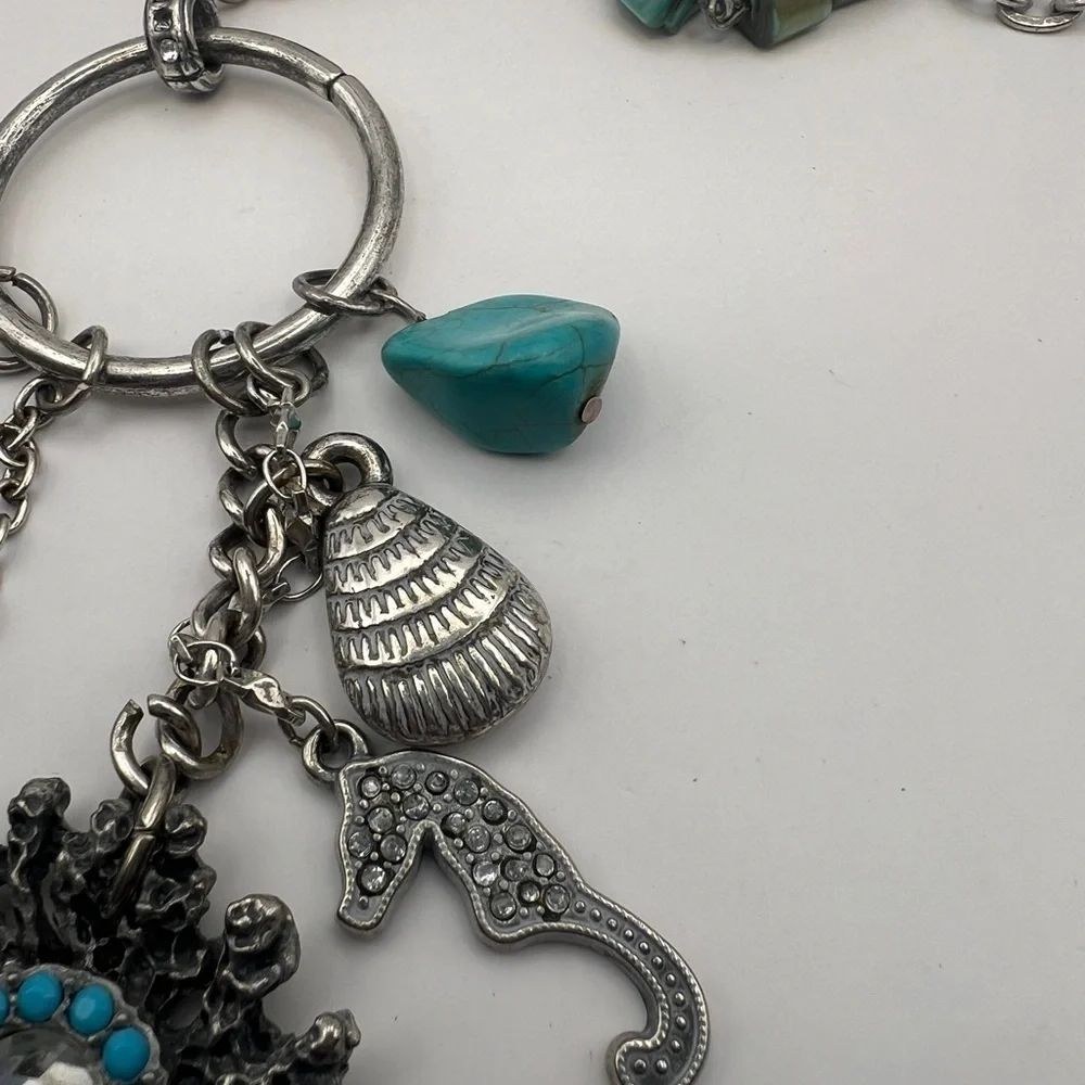 Chico's seahorse, jadeite, seashell long pendant silver tone necklace